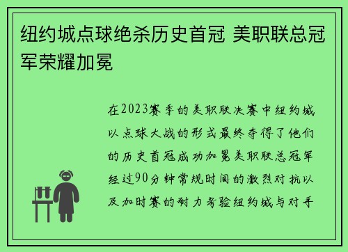 纽约城点球绝杀历史首冠 美职联总冠军荣耀加冕